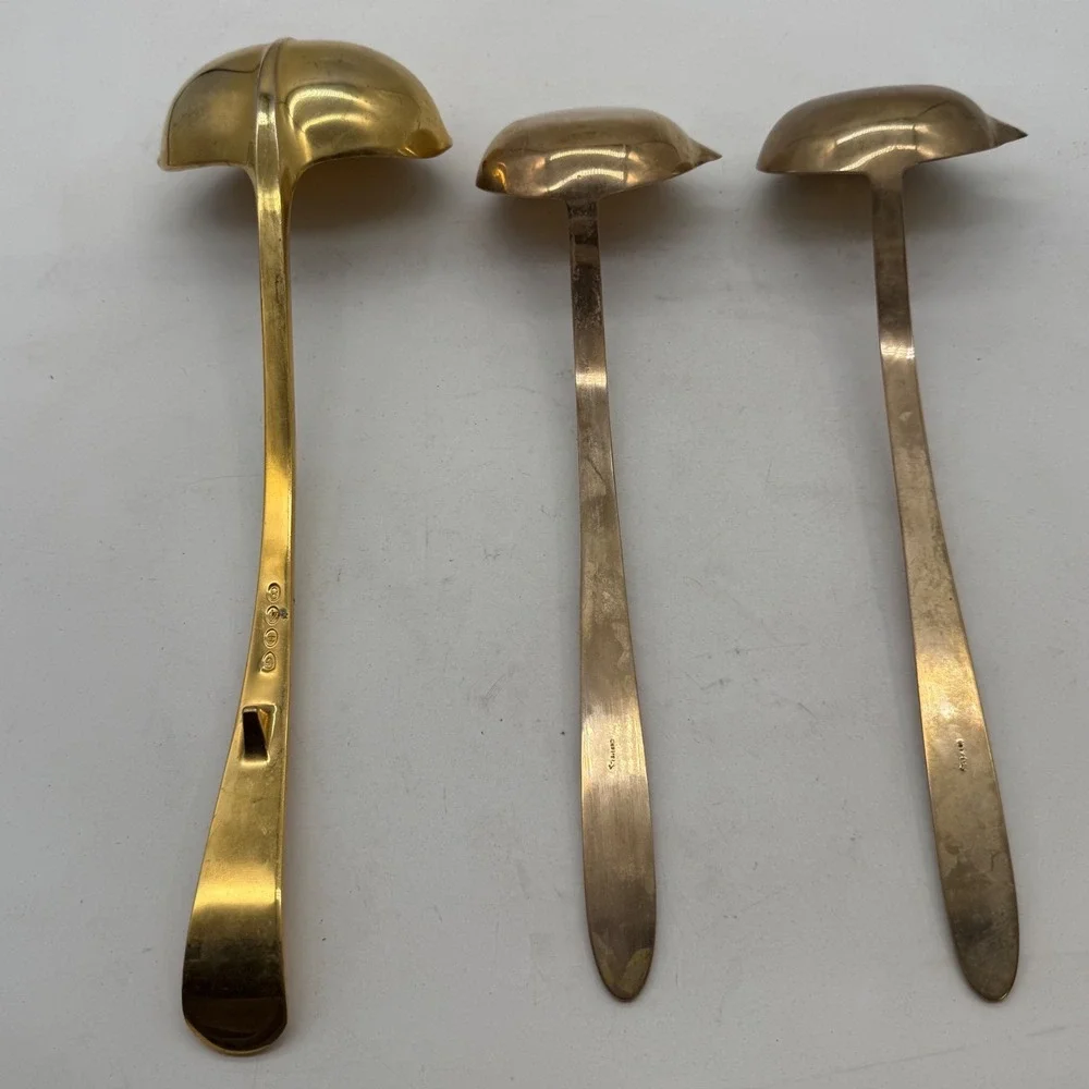 VTG MCM Thailand Bronze Brass Ladle Sauce Spoon Set 3 Gold Tone Floral Etched